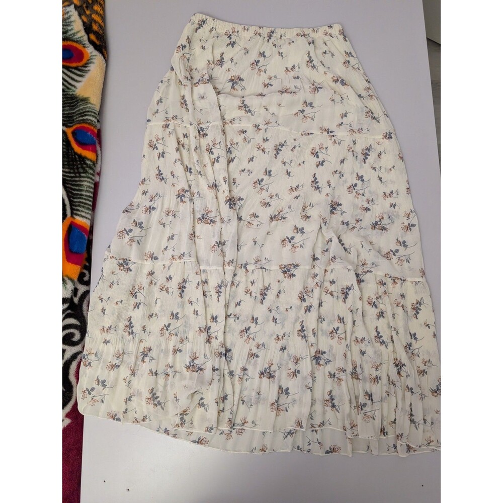 Nashalyly Floral Tiered Maxi Skirt Large Cream Pleated Elastic High Waist Boho L